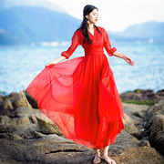 雪纺连衣裙夏季薄款长款红色，裙子波西米亚度假沙滩，裙v领显瘦长裙