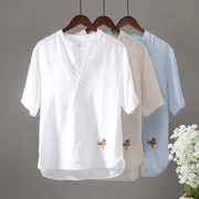白色立领小鸟刺绣，印花五分袖衬衫男装，夏季休闲百搭宽松上衣潮