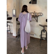 法式紫色泡泡袖，连衣裙女装2024年春季后背绑带，蝴蝶结中长裙子