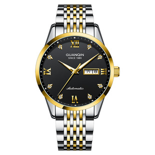 冠琴钢带款全自动瑞士机械手表，男商务圆形精钢夜光日历国产腕表