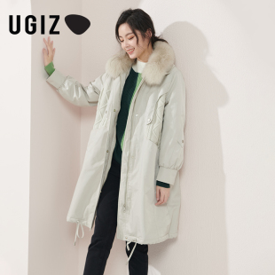 ugiz2021冬季韩版女装潮流针织，拼接中长款毛领外套女utdue922