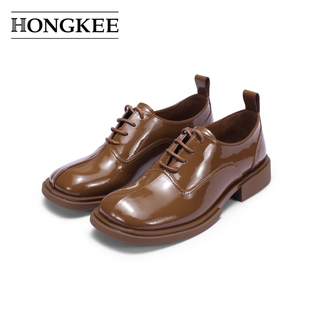 hongkee红科单鞋低跟圆头系带，漆皮深口女鞋，英伦小皮鞋h072s105