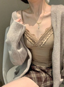 乃司nicy~套装女纯色开衫外套，秋冬蕾丝拼接带胸垫吊带背心两件套