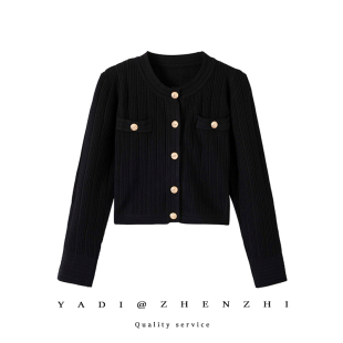 韩版原单黑色(单黑色，)开衫纯色气质高腰外套，春秋季修身小香款上衣圆领毛衣