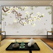 玉堂富贵电视背景墙壁画现代中式玉兰花鸟图手绘壁纸，客厅影视墙布