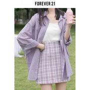 Forever 21早春款紫色防晒衬衫女法式纯色小个子开衫休闲上衣外套