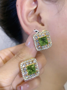 四方来财绿水晶满钻几何菱形耳环，女轻奢高级感时尚，百搭气质耳饰潮