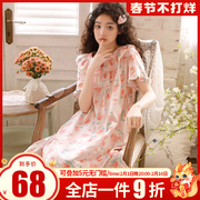 夏季女纯棉双层纱布睡裙日系甜美可爱短袖套头中长款休闲家居睡衣