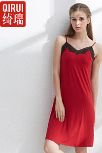 绮瑞睡衣女夏季薄款莫代尔吊带，睡裙棉质v领中长蕾丝花边性感红裙
