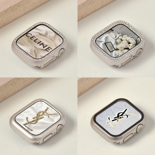 适用applewatch苹果手表s9保护壳iwatch8765se代彩色保护套，硬半包边框钢化膜表套超薄4541mm星光色