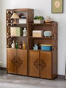 简易家用书柜带门组合书架实木置物架靠墙收纳柜客厅置物柜中式竹