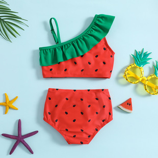 kikobabyswimwear女童夏季荷叶边泳装两件套西瓜草莓分体式泳衣