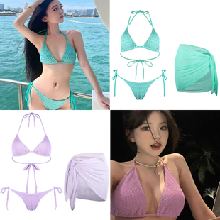 三亚度假比基尼泳衣女三件套带裙子，性感小胸聚拢绿色分体泳装紫色
