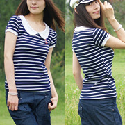 日韩系女式夏季学院派，深蓝水手服纯棉，短袖可爱圆领t恤海魂衫