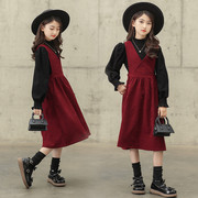 女童连衣裙套装洋气2023加绒秋冬装母女装中大童红色背带裙两件套