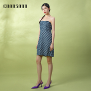 香莎chansarr时尚设计拼接牛仔连衣裙露背甜酷显瘦格纹，抹胸短裙