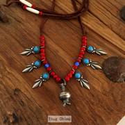 美式复古印第安纳瓦霍手工银饰navajo石榴花，吊坠925银琉璃珠项链