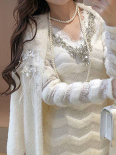 秋季V领气质时尚镶钻蕾丝花边小香针织长款连衣裙+长款开衫两件套
