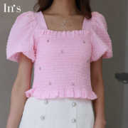 in's粉色泡泡袖，衬衫2024夏季女法式一字肩甜美雪纺上衣4232373351