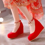 大码41-43春秋防滑孕妇坡跟结婚单鞋高跟女鞋婚礼，中式红色新娘鞋