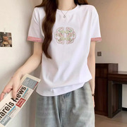 学生新中式国风短袖t恤女拼接袖口上衣，2024夏季重工刺绣体恤