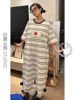 韩版酷猫连体睡衣女夏季2024年大码家居服短袖，条纹睡裙可外穿