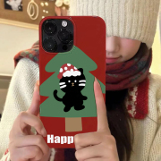 韩国ins圣诞树可爱小黑猫适用iphone15promax手机，壳苹果15卡通圣诞，帽子14pro趣味搞怪猫咪13全包软壳12保护套