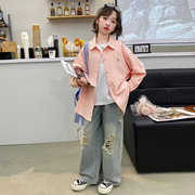女童洋气长袖衬衫休闲短袖夏装2024韩版时髦儿童装破洞牛仔裤