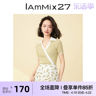 IAmMIX27短袖针织衫女夏季时尚撞色拼接斜门襟POLO领套头针织上衣