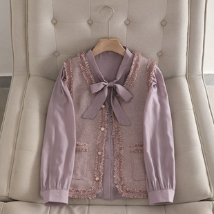 紫色设计感别致漂亮减龄衬衫+小香风流苏马甲洋气时髦无袖背心女