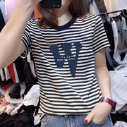 纯棉黑白条纹圆领短袖T恤女2024夏季设计感小众时尚上衣ins潮