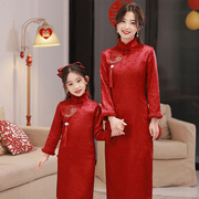 秋冬大红色长袖旗袍显瘦加绒加厚亲子旗袍，连衣裙中国风拜年服