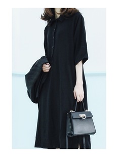 ANNandSAM极简款黑色雪纺衬衫连衣裙长裙短袖春夏女原创设计