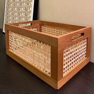 桌面复古收纳筐篮子竹编，仿藤编实木收纳盒，日式木质长方形置物架