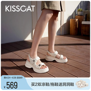 kisscat接吻猫2024夏季时尚运动魔术，贴沙滩鞋增高休闲凉鞋女