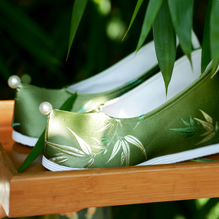 幽竹丨七月荷2024春季汉服鞋织锦缎绿色古装布鞋防滑透气单鞋