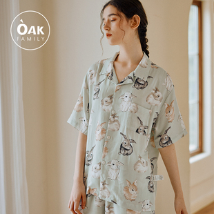 Oak Family女士家居服套装夏季竹棉纱布超薄吸汗短裤短袖亲子睡衣