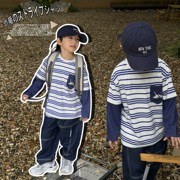 儿童T恤2023秋季日系恐龙童装男女童口袋上衣条纹假两件长袖