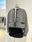 现韩国设计师圆领小香风，夹克冬季宽松格子，手工羊毛大衣外套
