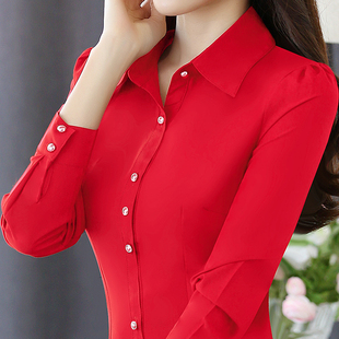 女士红色衬衫女洋气时尚女式红衬衣女款春装妈妈小衫中式上衣