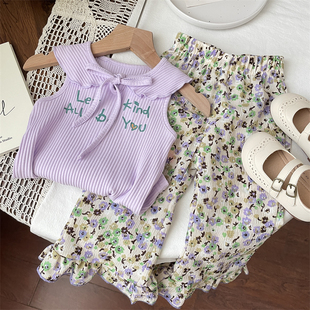 女童宝宝夏季洋气时尚字母印花娃娃领蝴蝶结无袖坑条t恤上衣