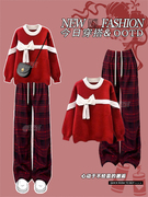 红色新年针织毛衣女(毛，衣女)冬季2023慵懒风设计感高腰直筒格子休闲裤
