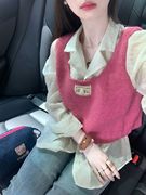 两件套装ins日系美拉德贴布针织马甲背心毛衣女学生+杏色衬衫