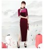 酒红色旗袍镂空花边七分袖单层中式春年轻礼服时尚走秀连衣裙