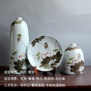 现代简约陶瓷中式风格手绘花瓶盘子套装客厅家居摆件饰品
