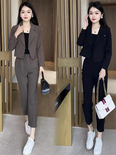 时尚短西服套装女2023春秋季韩版洋气减龄小个子西装哈伦裤两件套