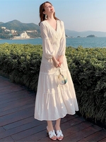 春夏白色纯棉蕾丝长裙复古法式显瘦气质，连衣裙三亚度假超仙沙滩裙