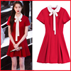 夏季连衣裙明星关晓彤同款短袖红色，娃娃领系带裙子学院风衣服