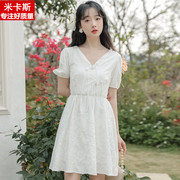 大码新中式白色v领连衣裙女大童夏季初中生气质温柔泡泡袖小白裙