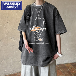 wassupcandy2023夏季潮牌短袖，t恤男潮流，水洗做旧上衣体恤衫